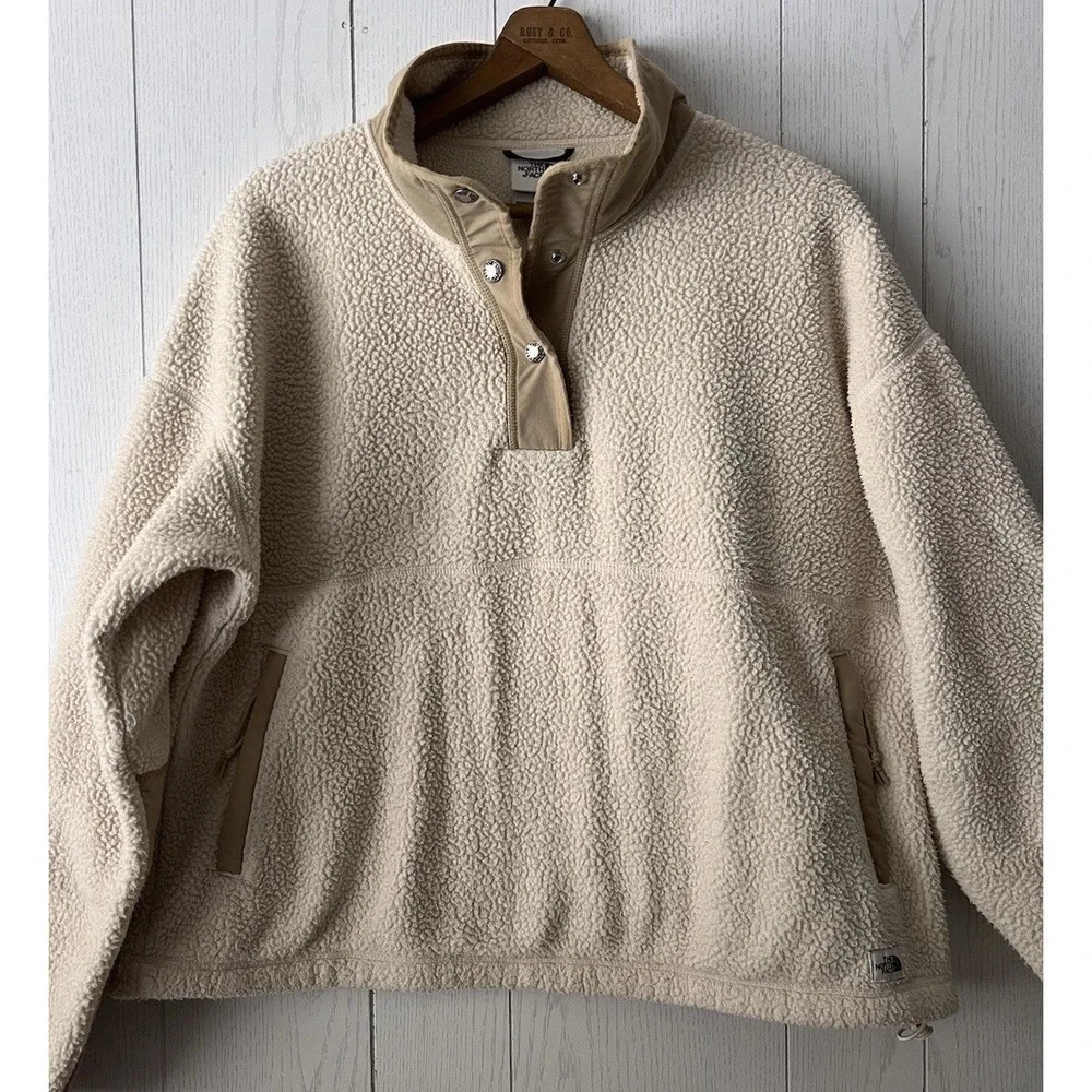 VINTAGE North Face Cragmont Pullover Jacket Deep Pile Fleece T Snap LARGE CREAM